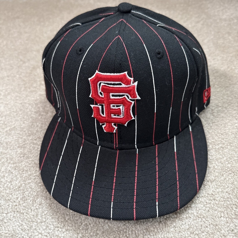 San Francisco Giants New Era 59fifty Pinstripe Black Red Sz 7 1/2 Wool Hat - Picture 2 of 9
